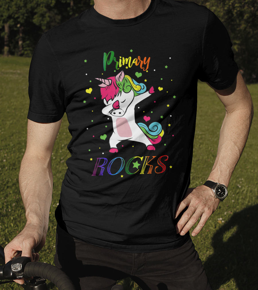 Primary Rocks Colorful Dabbing Unicorn With Hearts And Stars T-Shirt