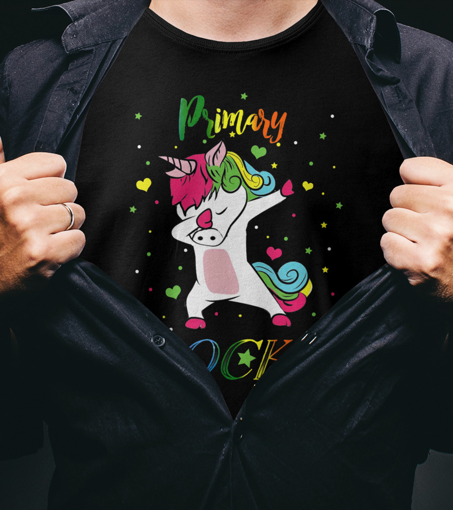 Primary Rocks Colorful Dabbing Unicorn With Hearts And Stars T-Shirt