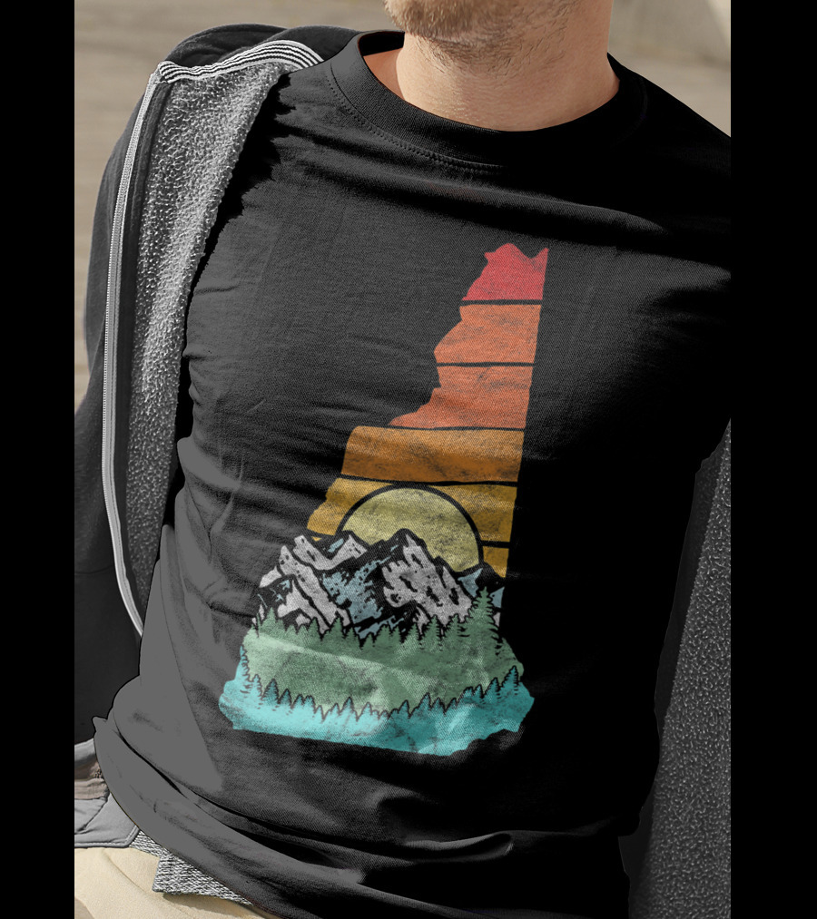Retro New Hampshire State Outline With Mountains And Forest Sunset T-Shirt