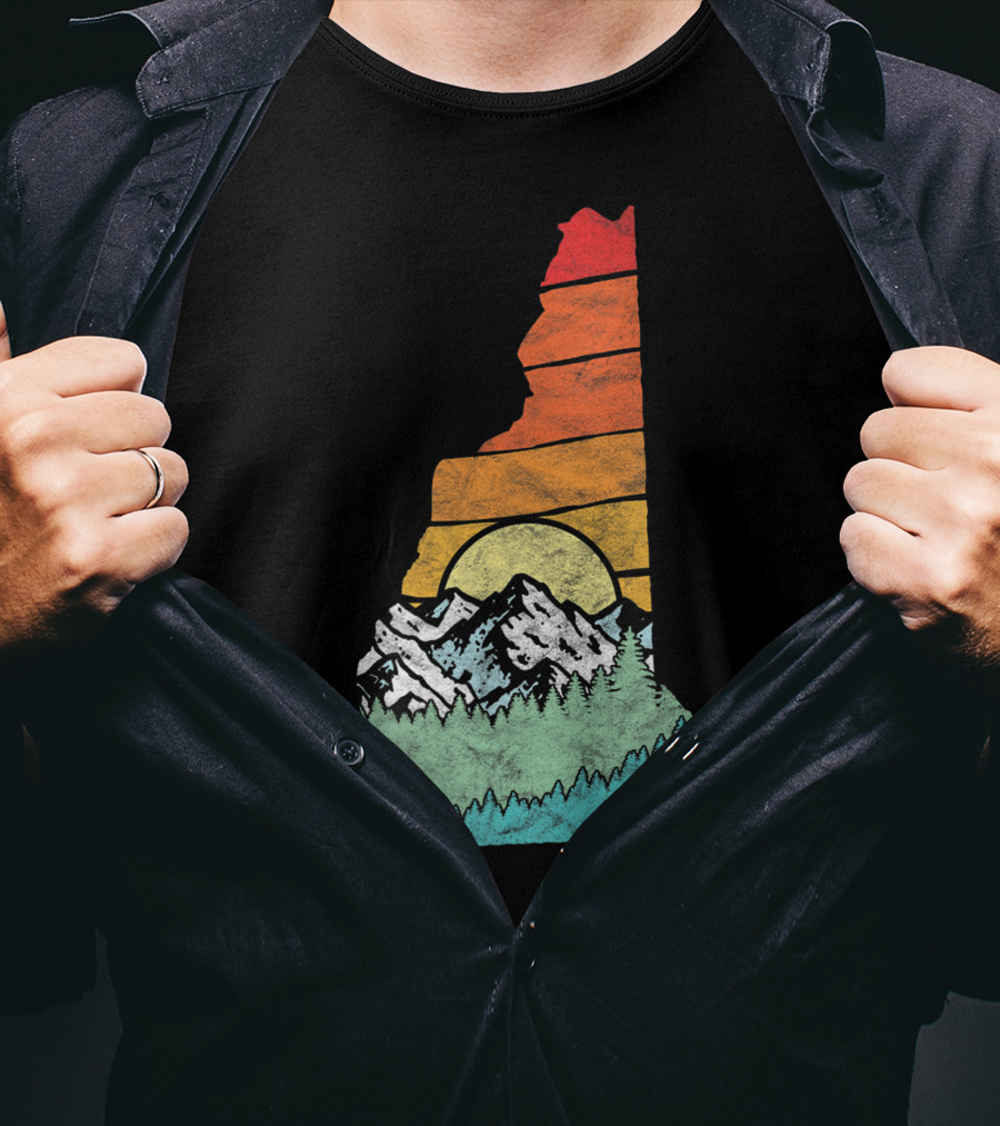 Retro New Hampshire State Outline With Mountains And Forest Sunset T-Shirt