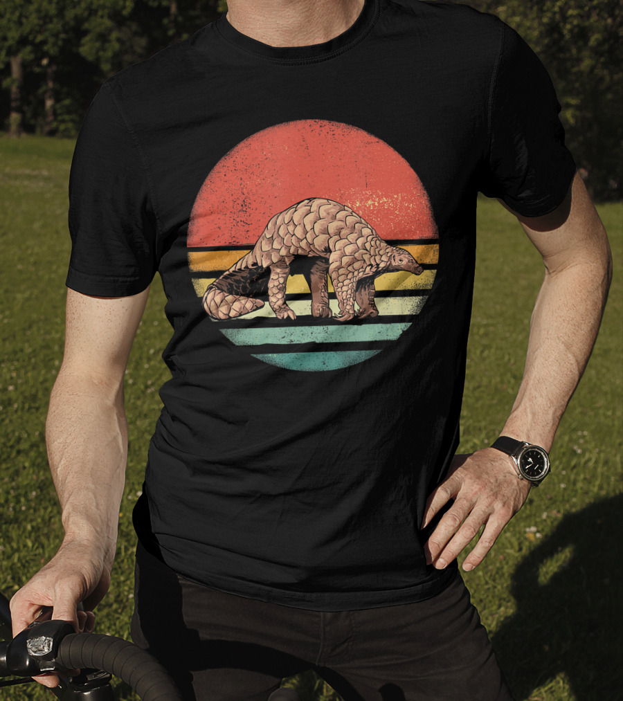 Retro Vintage Pangolin Nature Lover Sunset Stripes T-Shirt