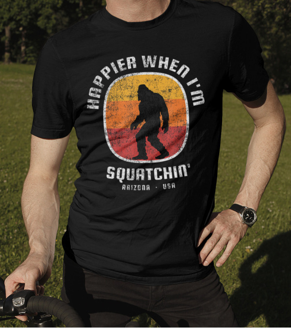 Happier When I'm Squatchin' Arizona USA Sasquatch Silhouette Retro Stripes T-Shirt