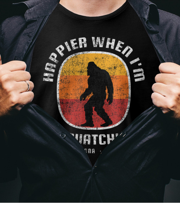 Happier When I'm Squatchin' Arizona USA Sasquatch Silhouette Retro Stripes T-Shirt