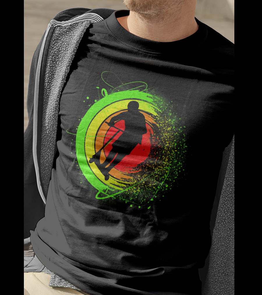 Scooter Stunt Action Silhouette In Vivid Circular Splash T-Shirt