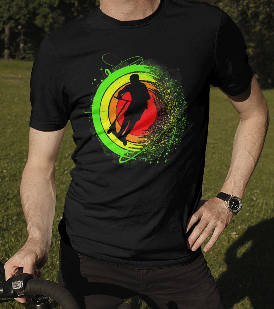 Scooter Stunt Action Silhouette In Vivid Circular Splash T-Shirt