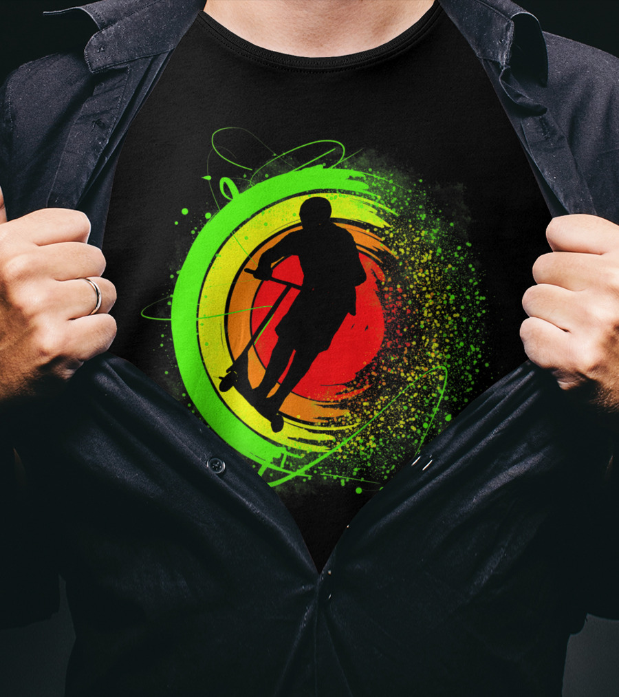 Scooter Stunt Action Silhouette In Vivid Circular Splash T-Shirt