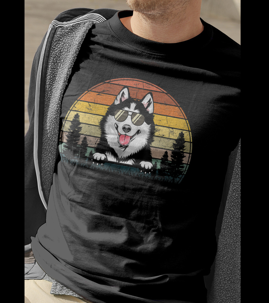 Siberian Husky Dog Xmas Retro Sunset Sunglasses T-Shirt