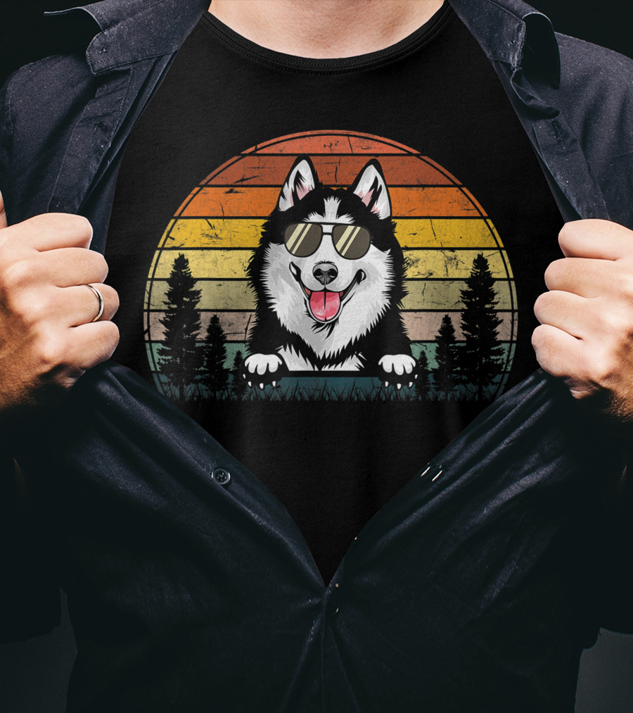 Siberian Husky Dog Xmas Retro Sunset Sunglasses T-Shirt