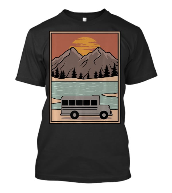 Vintage Skoolie Bus Conversion Scenic Mountain Lake Sunset T-Shirt