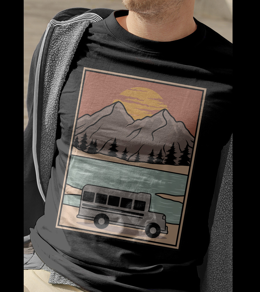Vintage Skoolie Bus Conversion Scenic Mountain Lake Sunset T-Shirt
