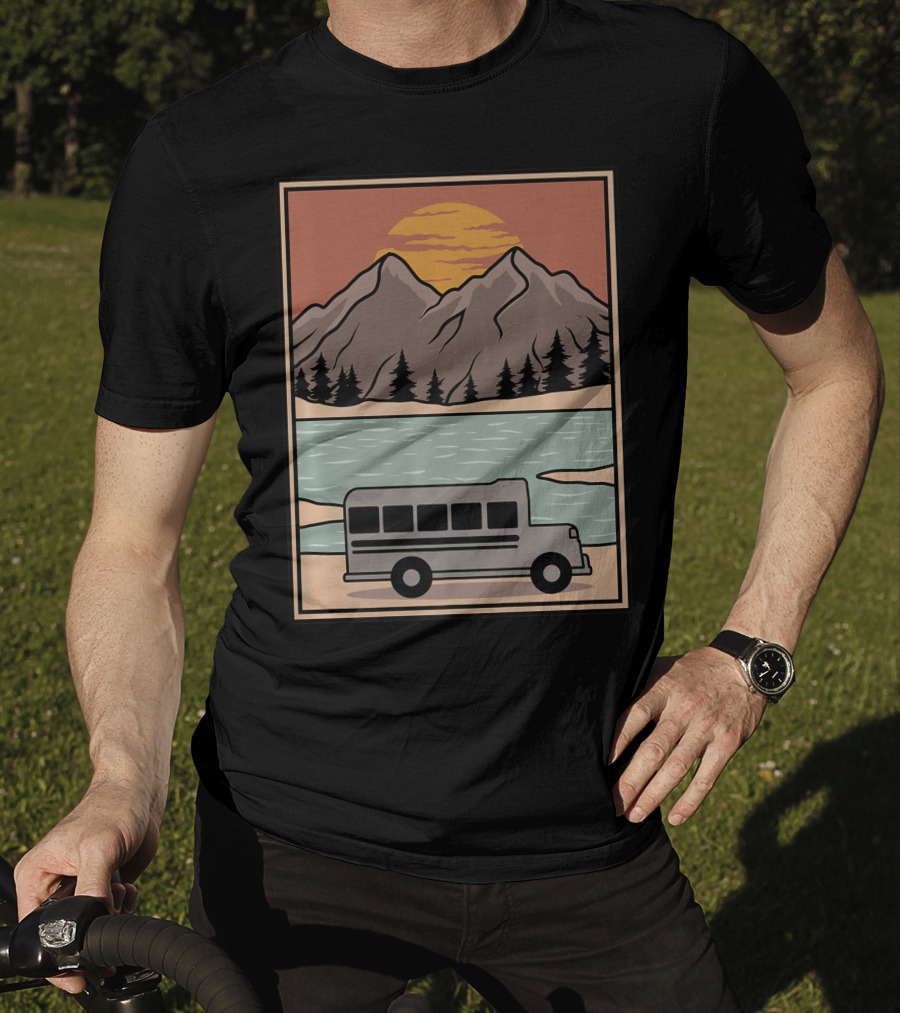 Vintage Skoolie Bus Conversion Scenic Mountain Lake Sunset T-Shirt