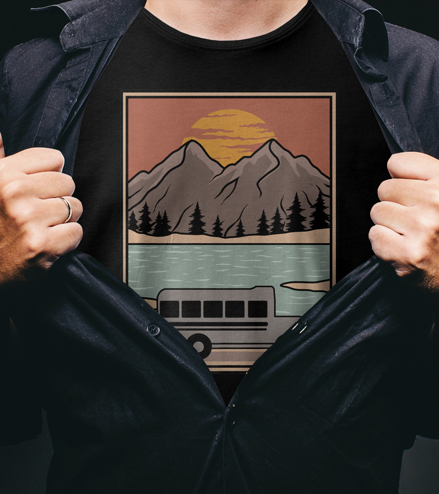 Vintage Skoolie Bus Conversion Scenic Mountain Lake Sunset T-Shirt