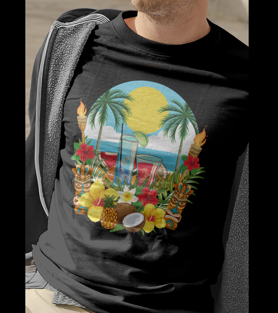 Tropical Sunset With Palm Trees And Exotic Drinks Amidst Tiki Torches And Hibiscus Flowers T-Shirt