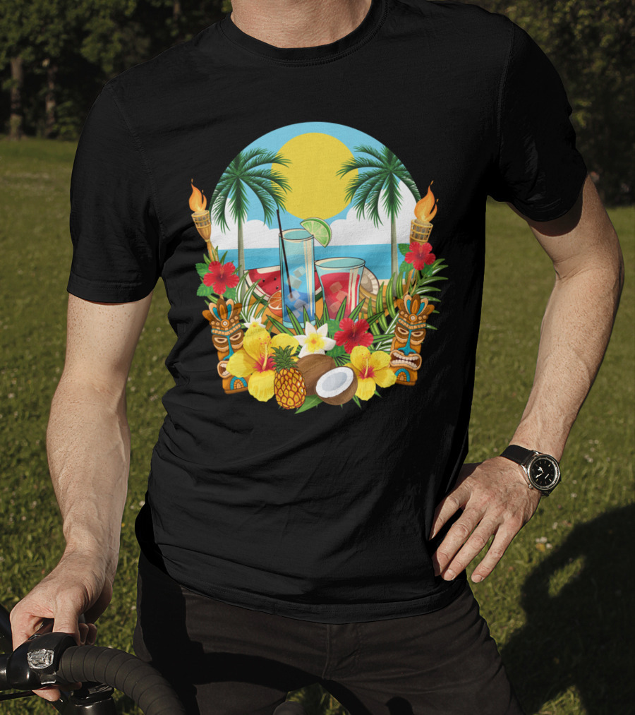 Tropical Sunset With Palm Trees And Exotic Drinks Amidst Tiki Torches And Hibiscus Flowers T-Shirt