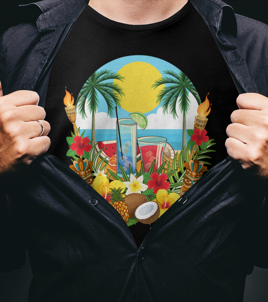 Tropical Sunset With Palm Trees And Exotic Drinks Amidst Tiki Torches And Hibiscus Flowers T-Shirt