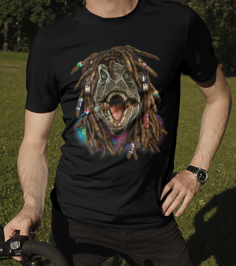 Tyrannosaurus Rex Dinosaur Reggae Dreadlocks Headphones Tie-Dye T-Shirt
