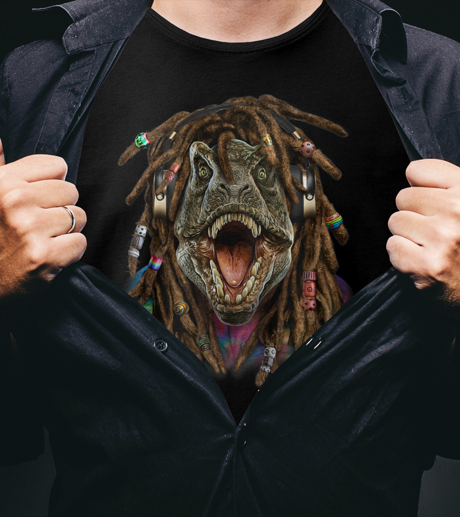 Tyrannosaurus Rex Dinosaur Reggae Dreadlocks Headphones Tie-Dye T-Shirt