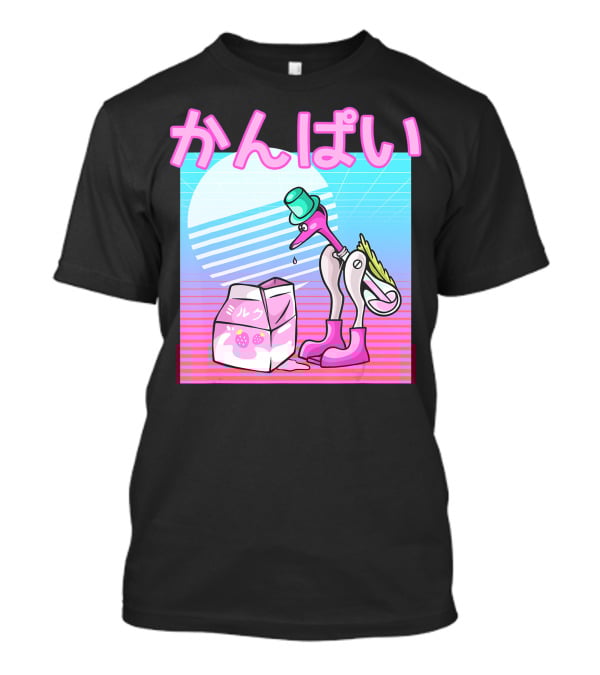 Vaporwave Strawberry Milk Kanpai Drinking Bird Toy Japanese T-Shirt
