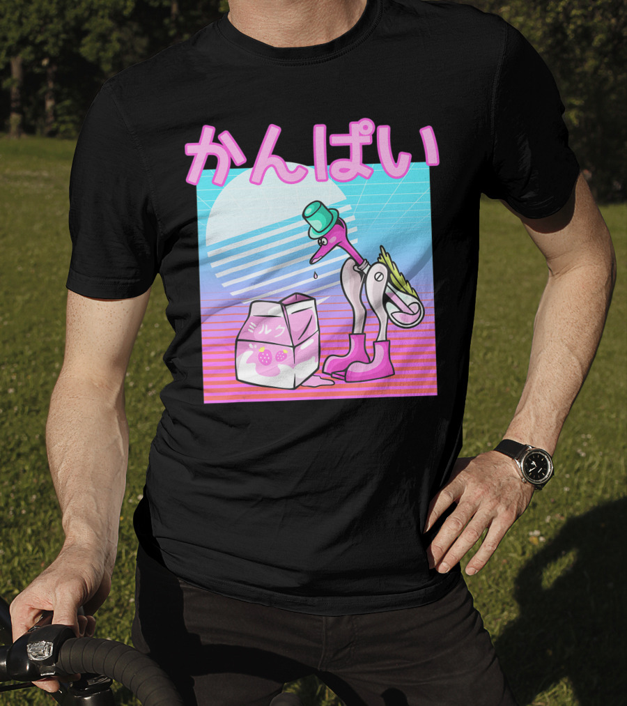 Vaporwave Strawberry Milk Kanpai Drinking Bird Toy Japanese T-Shirt