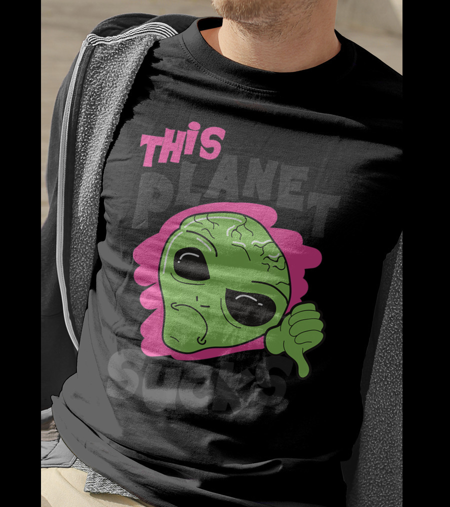Green Alien Head Face This Planet Sucks Thumbs Down T-Shirt