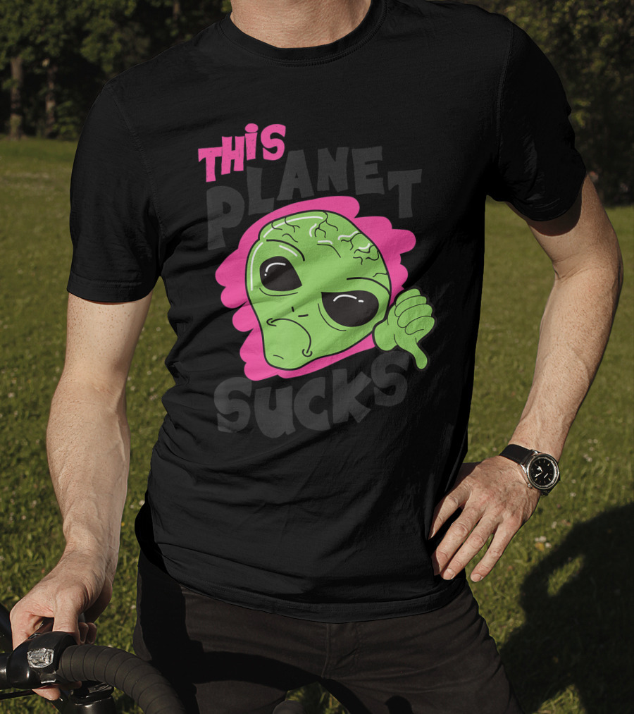 Green Alien Head Face This Planet Sucks Thumbs Down T-Shirt