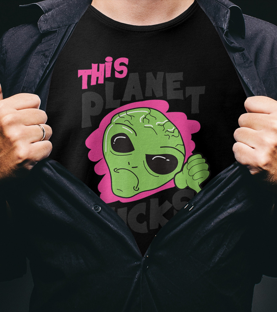 Green Alien Head Face This Planet Sucks Thumbs Down T-Shirt