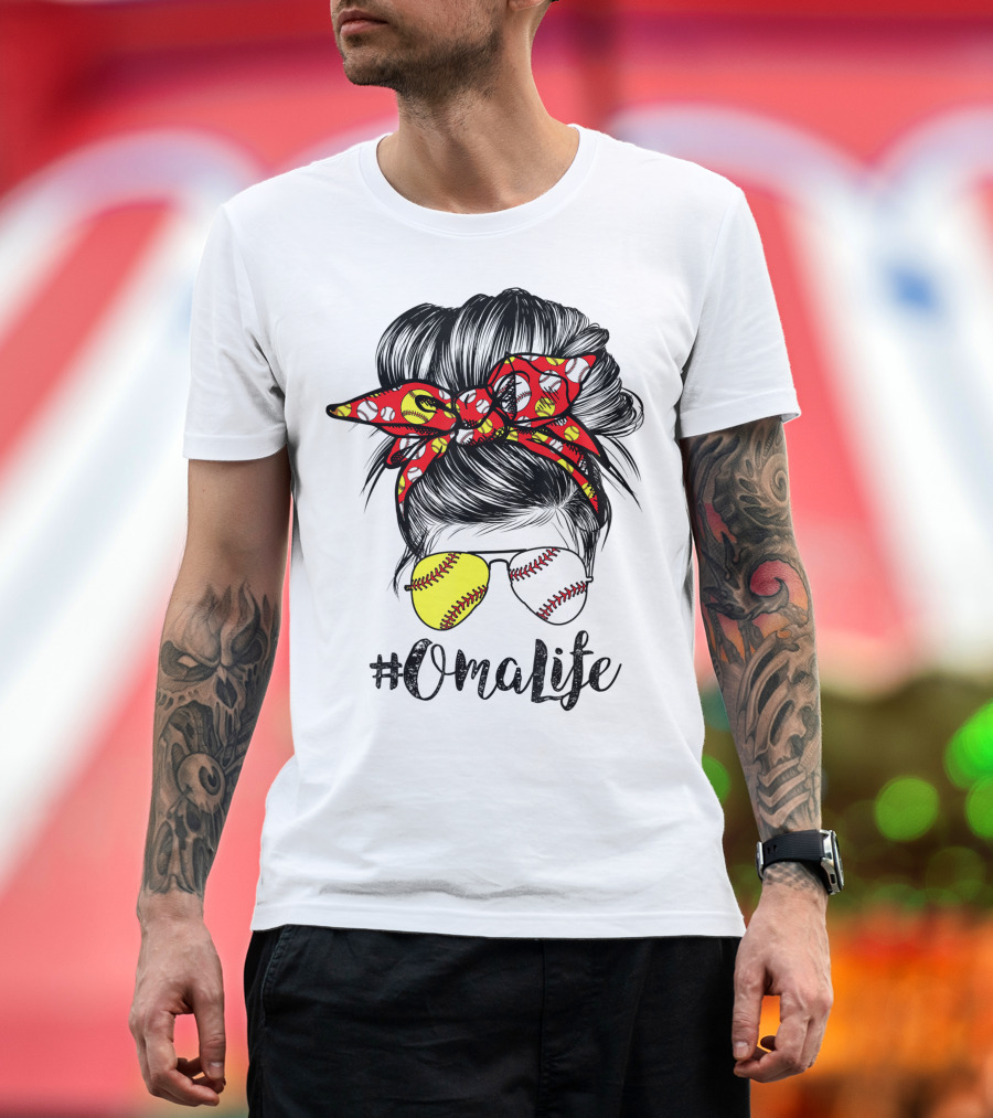 OmaLife Messy Bun Hair Softball Baseball Sunglasses T-Shirt