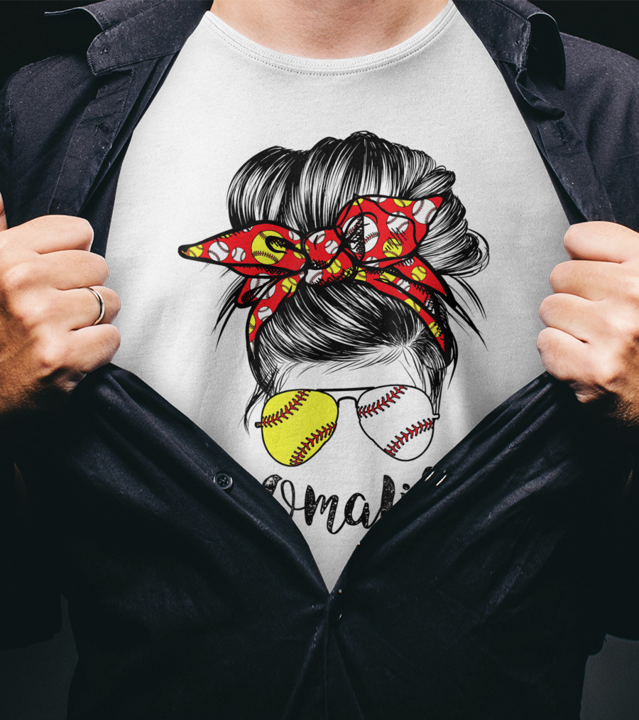 OmaLife Messy Bun Hair Softball Baseball Sunglasses T-Shirt