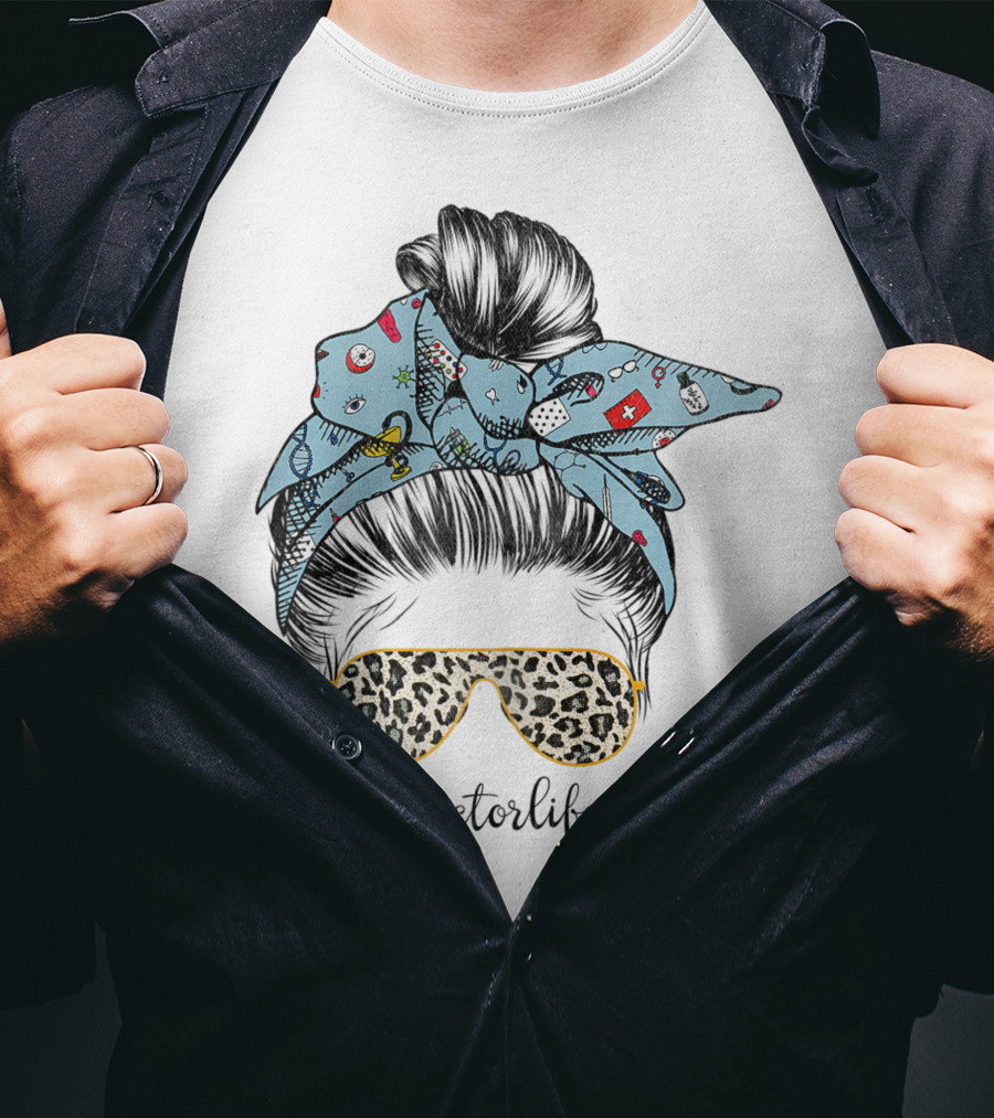 Messy Hair Bun With Medical Icons And #Doctorlife Sunglasses T-Shirt