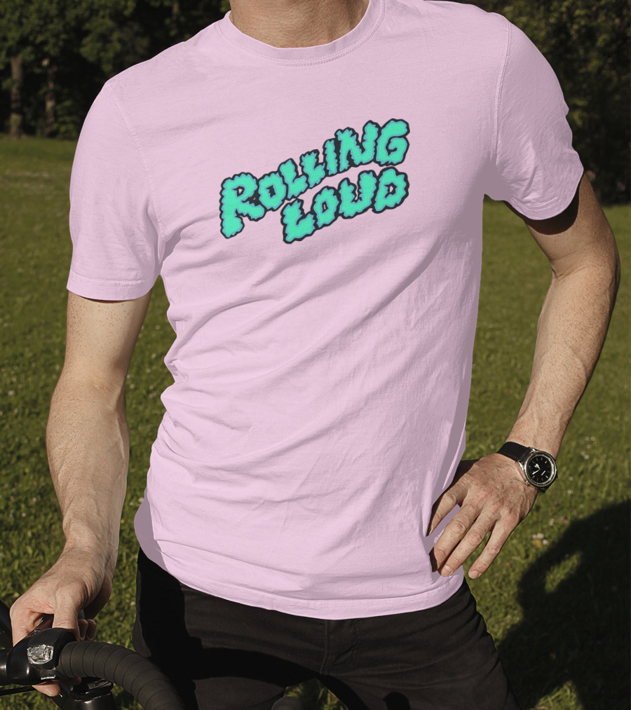Rolling Loud Puffy Text Design On Pastel Pink Background T-Shirt