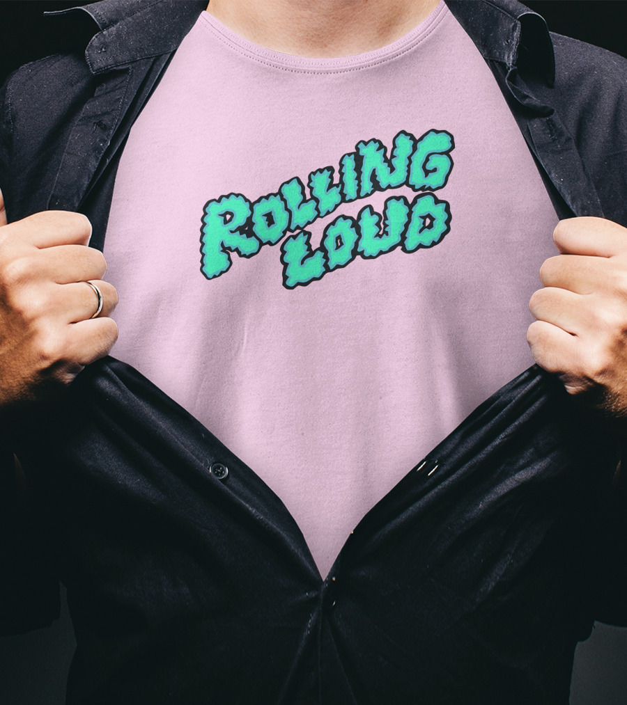 Rolling Loud Puffy Text Design On Pastel Pink Background T-Shirt