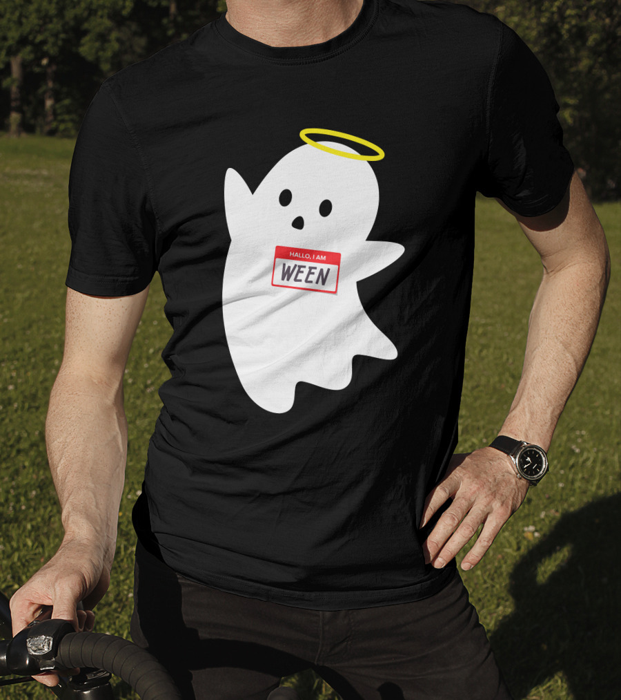Wholesome Hallo I Am Ween Ghost With Halo And Nametag T-Shirt