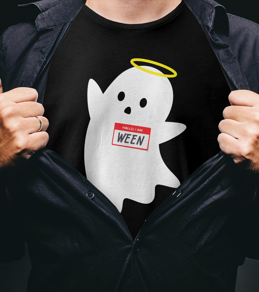 Wholesome Hallo I Am Ween Ghost With Halo And Nametag T-Shirt
