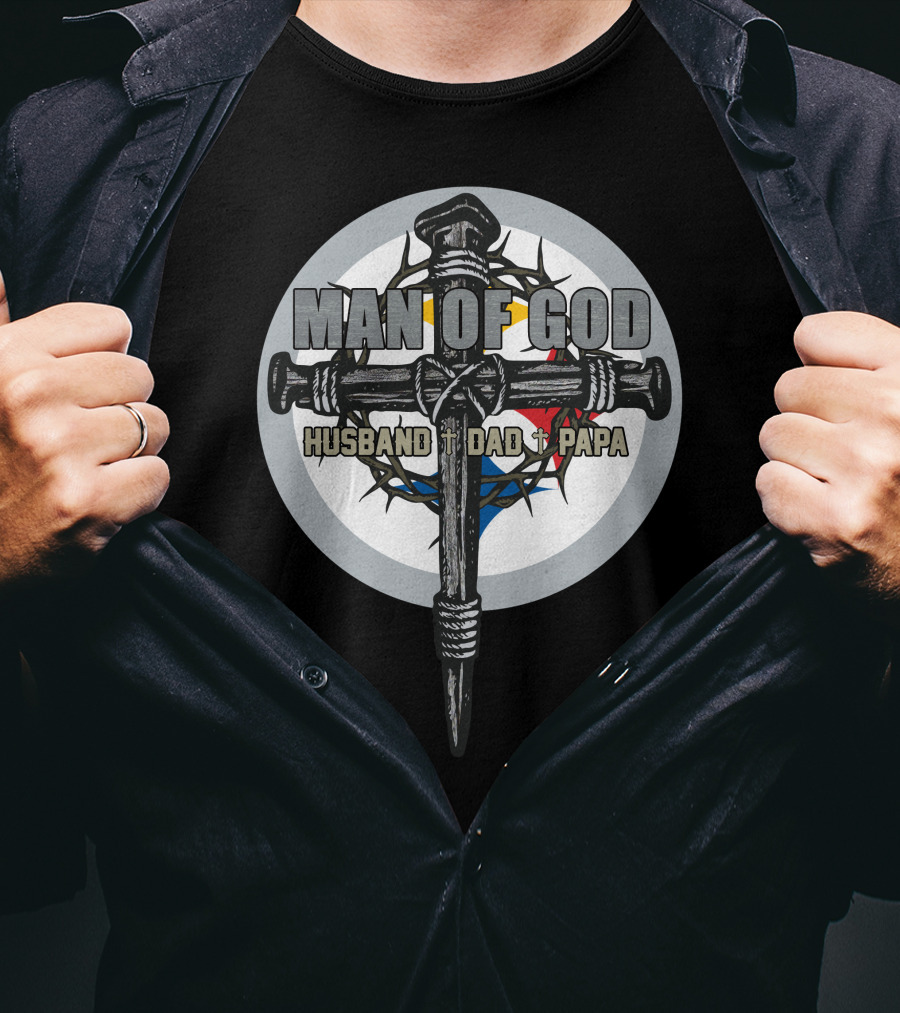 Man Of God Husband Dad Papa Steelers Nail Cross With Thorn Crown Circle T-Shirt