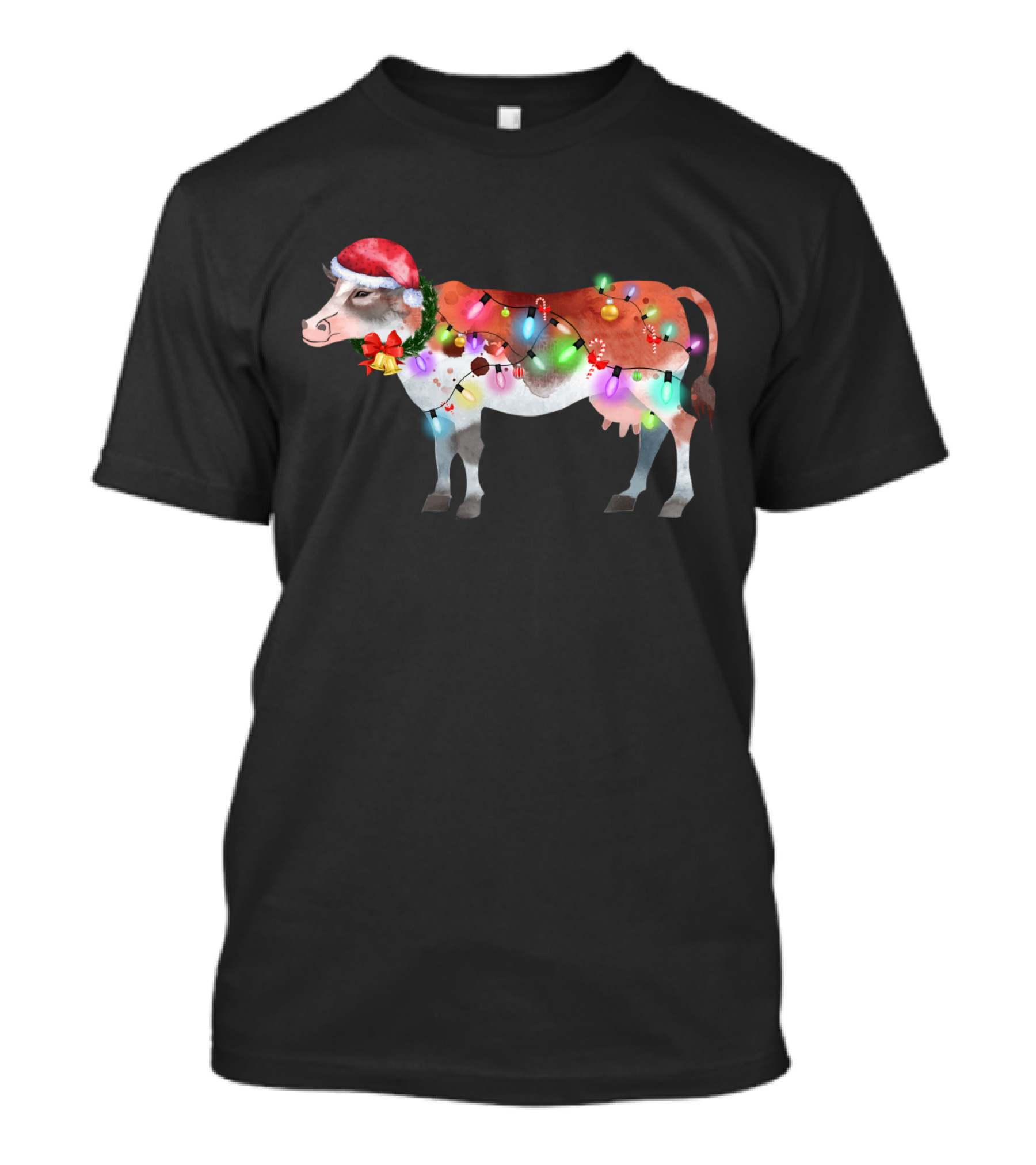 Christmas Lights Santa Hat Cow Festive Holiday T-Shirt