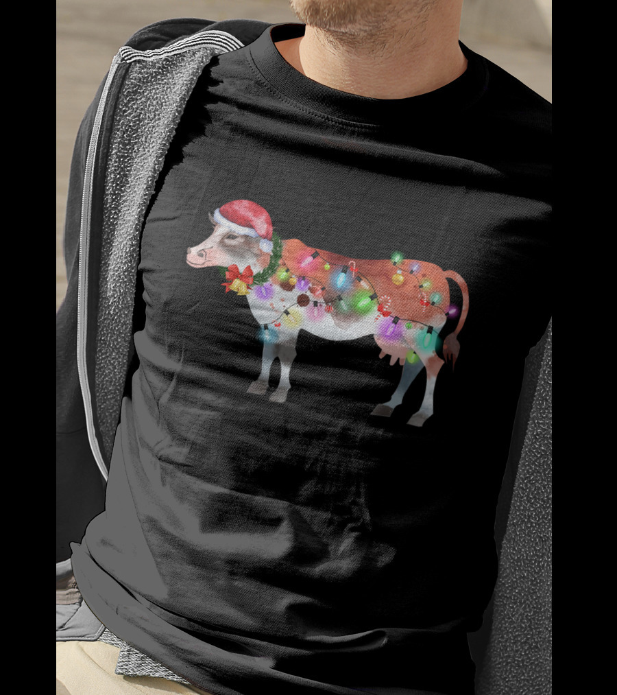 Christmas Lights Santa Hat Cow Festive Holiday T-Shirt