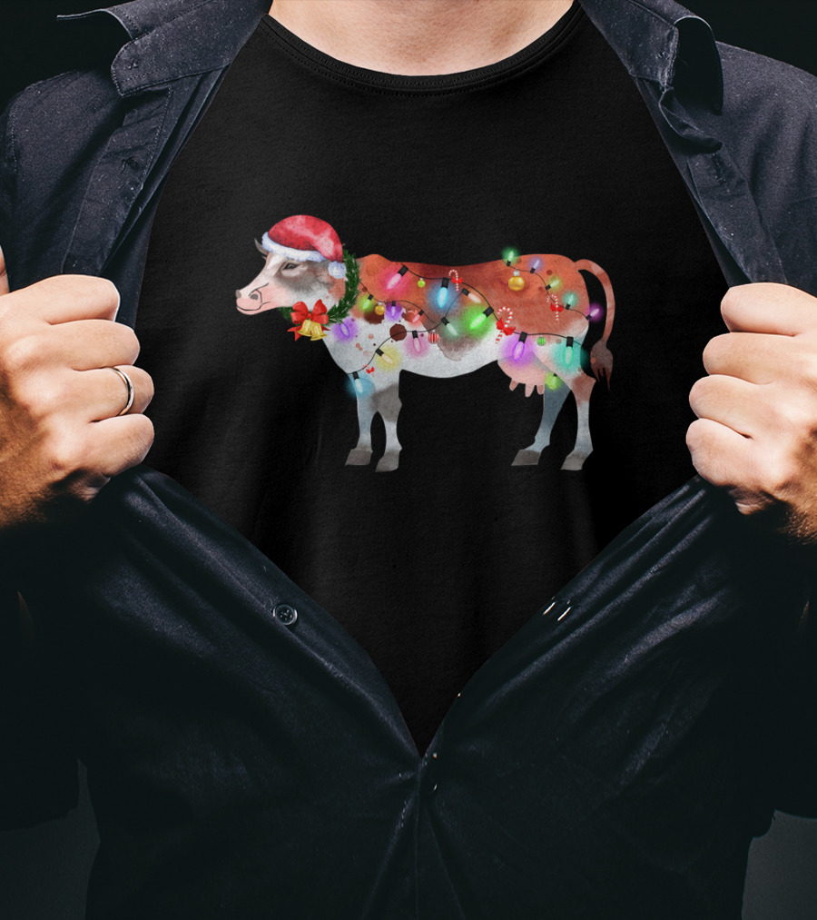 Christmas Lights Santa Hat Cow Festive Holiday T-Shirt