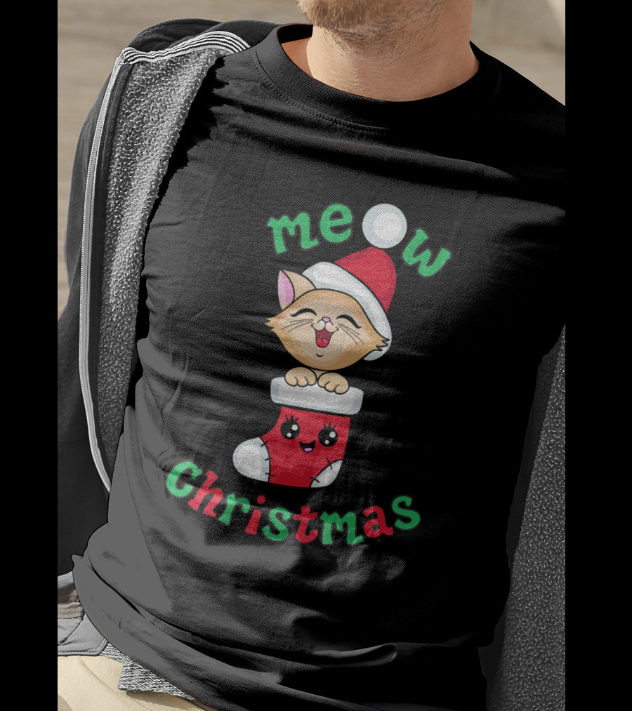 Meow Christmas Cute Kitten In Santa Hat And Stocking T-Shirt