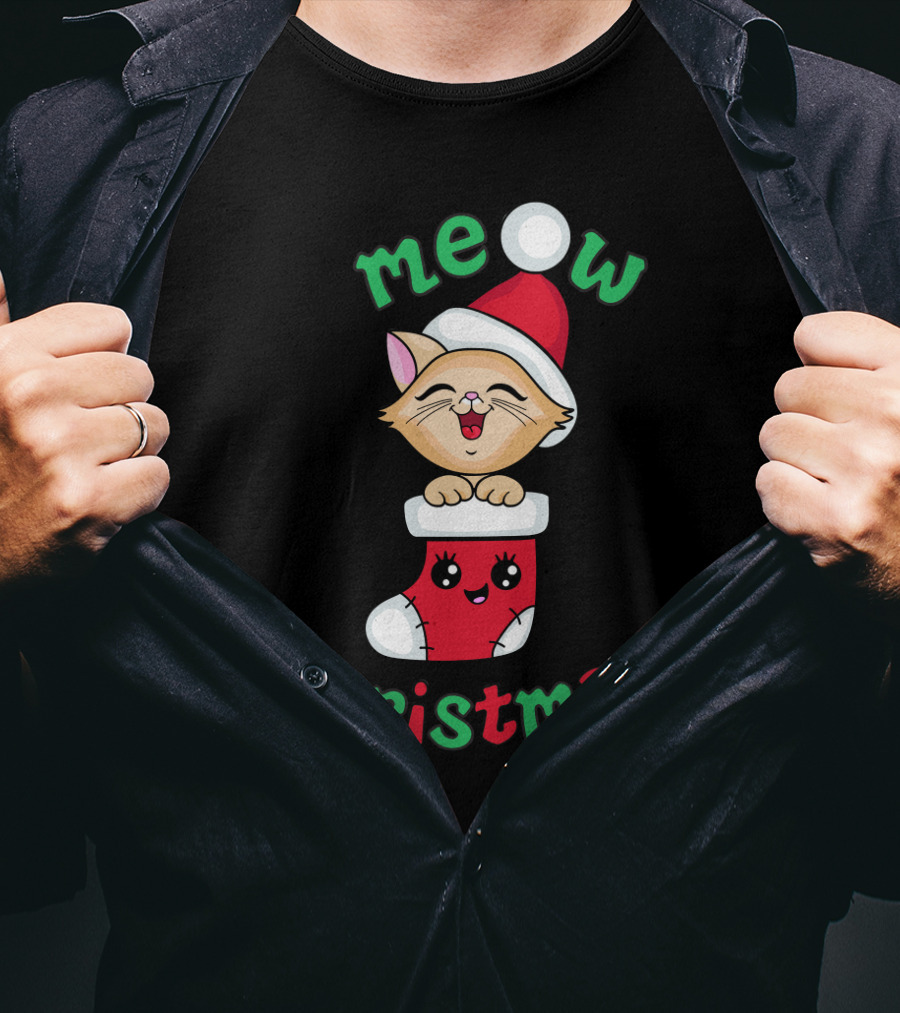 Meow Christmas Cute Kitten In Santa Hat And Stocking T-Shirt