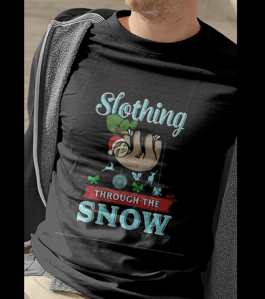 Slothing Through The Snow With Santa Hat And Christmas Decorations T-Shirt