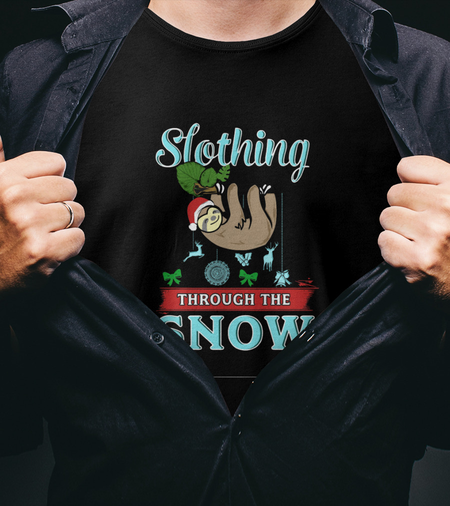 Slothing Through The Snow With Santa Hat And Christmas Decorations T-Shirt