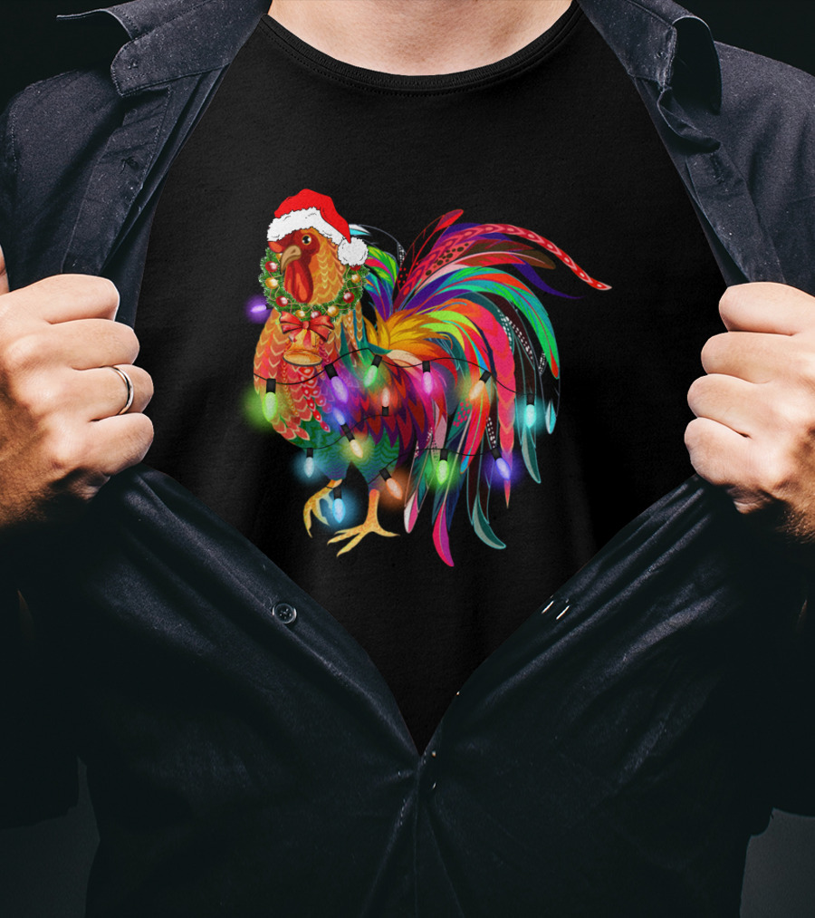 Festive Chicken With Christmas Lights And Santa Hat T-Shirt