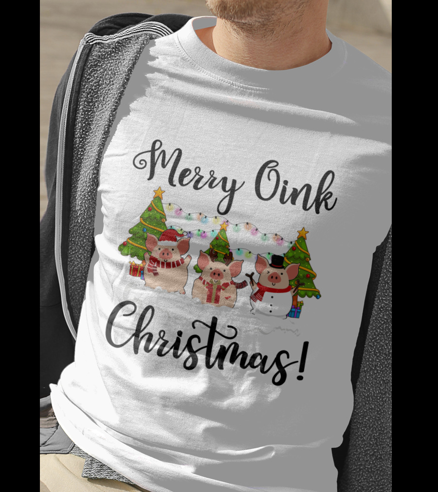 Merry Oink Christmas Pigs With Festive Trees And Lights T-Shirt