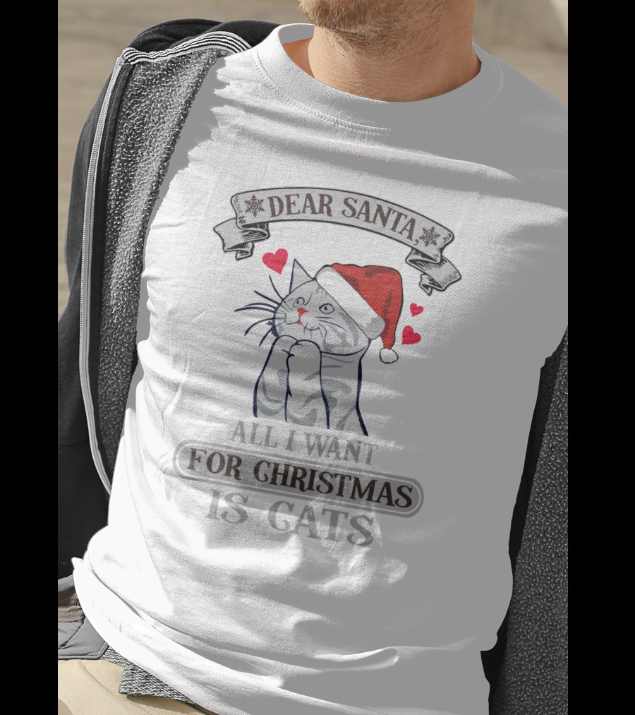 Dear Santa All I Want For Christmas Is Cats Santa Hat Heart Cat T-Shirt