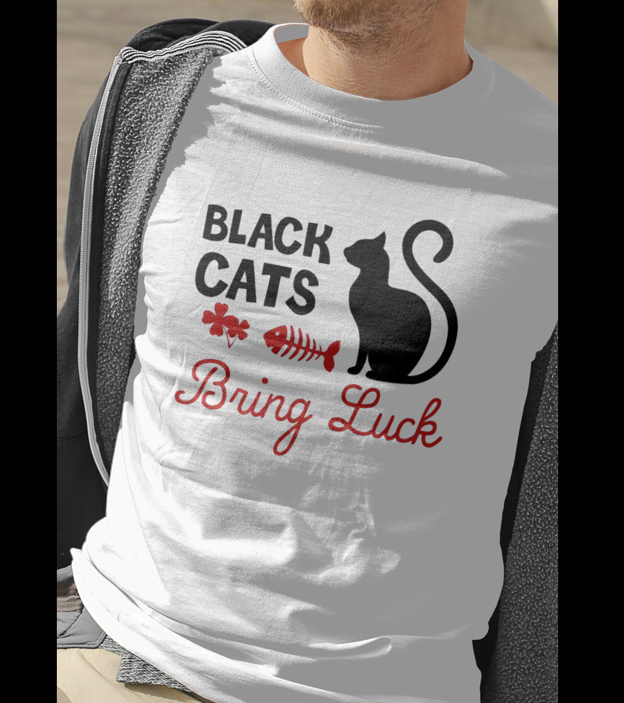 Black Cats Bring Luck Shamrock And Fishbone Icon Holiday Present T-Shirt
