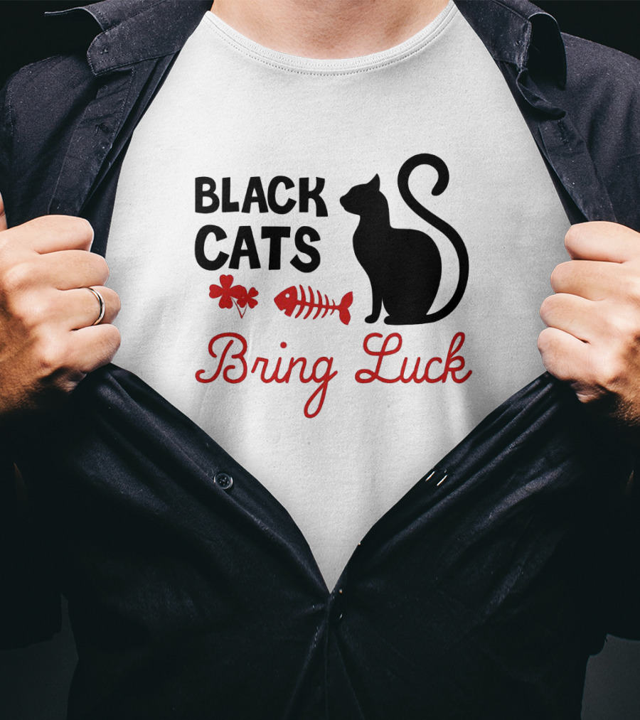 Black Cats Bring Luck Shamrock And Fishbone Icon Holiday Present T-Shirt