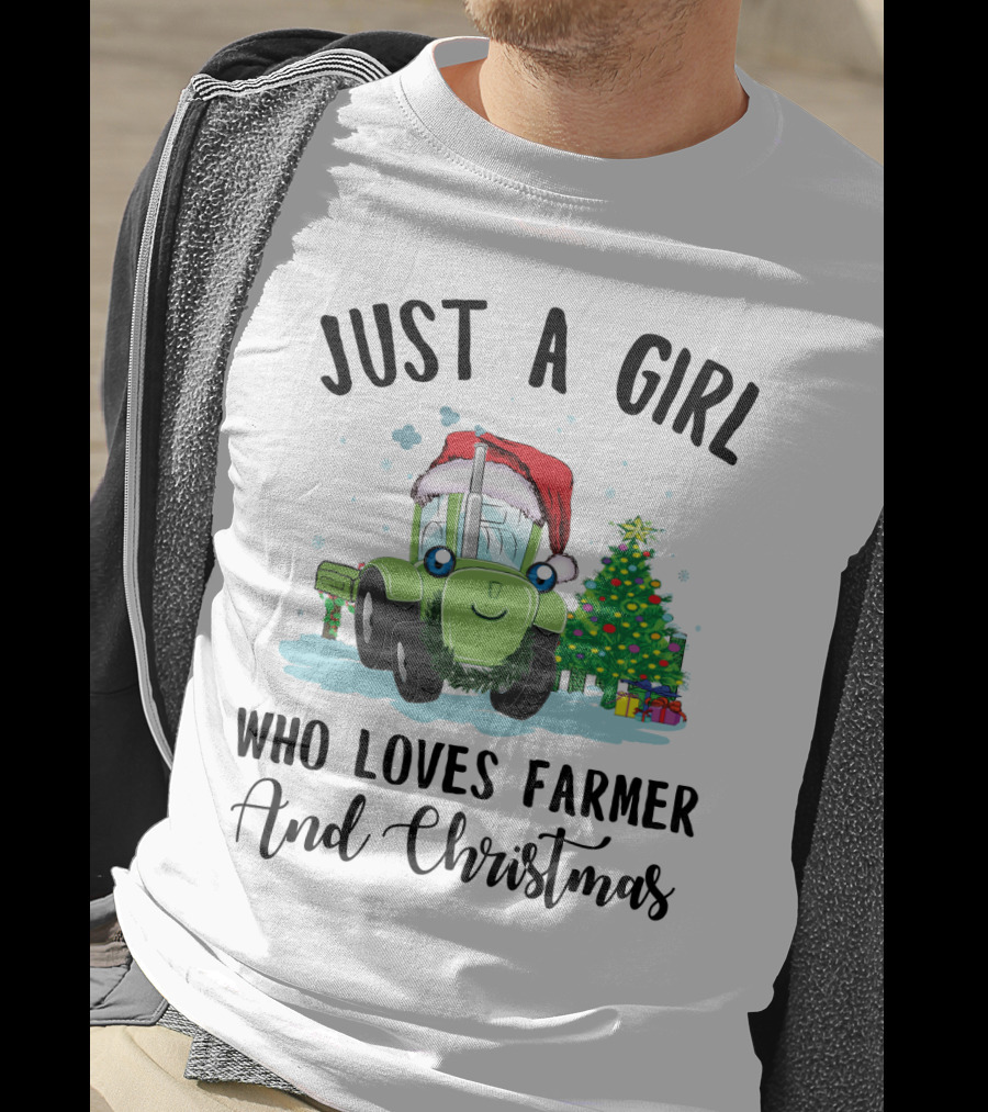 Just A Girl Who Loves Farmer And Christmas With Santa Hat Tractor And Christmas Tree T-Shirt