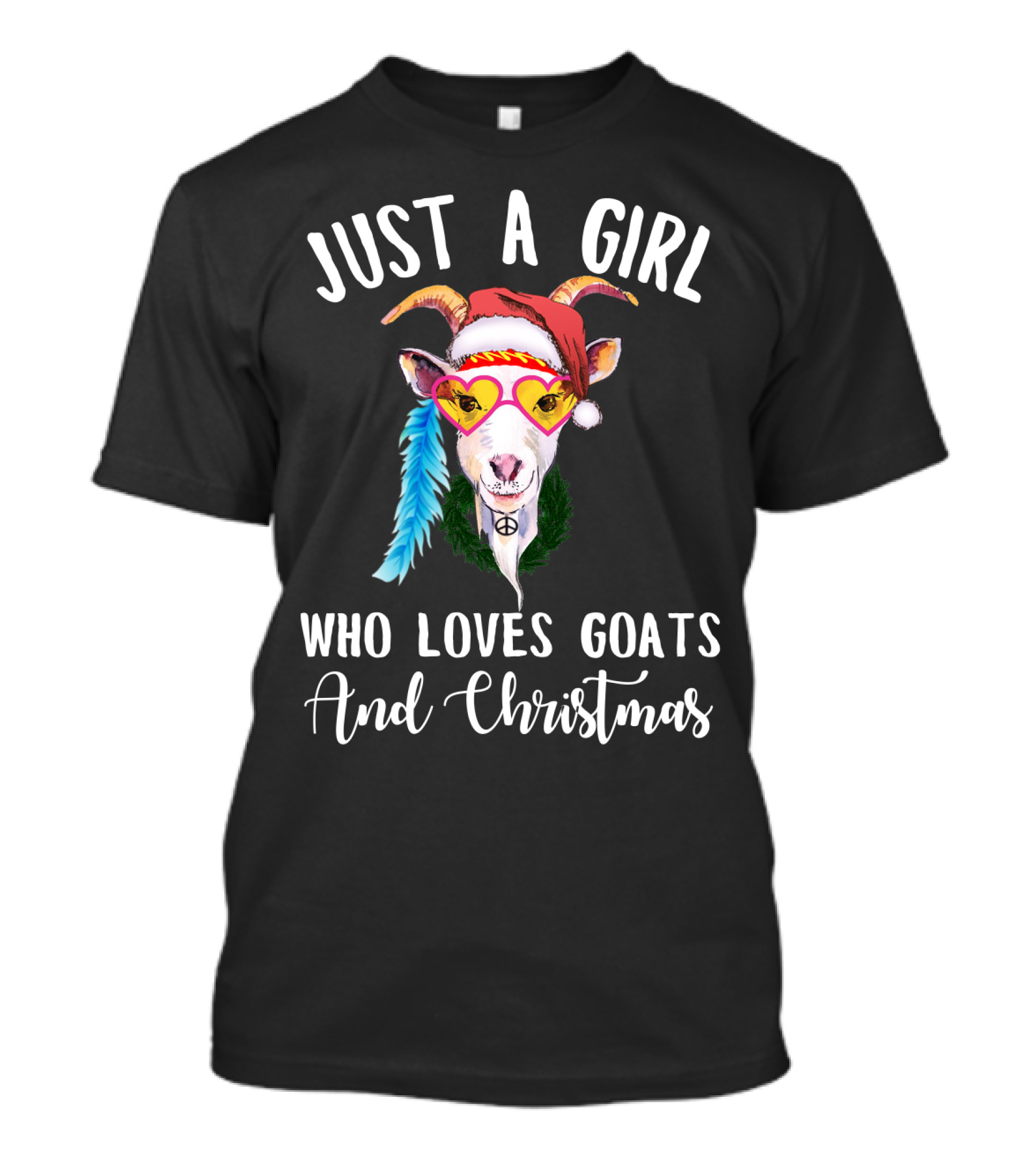 Just A Girl Who Loves Goats And Christmas With Santa Hat Peace Sign Glasses T-Shirt