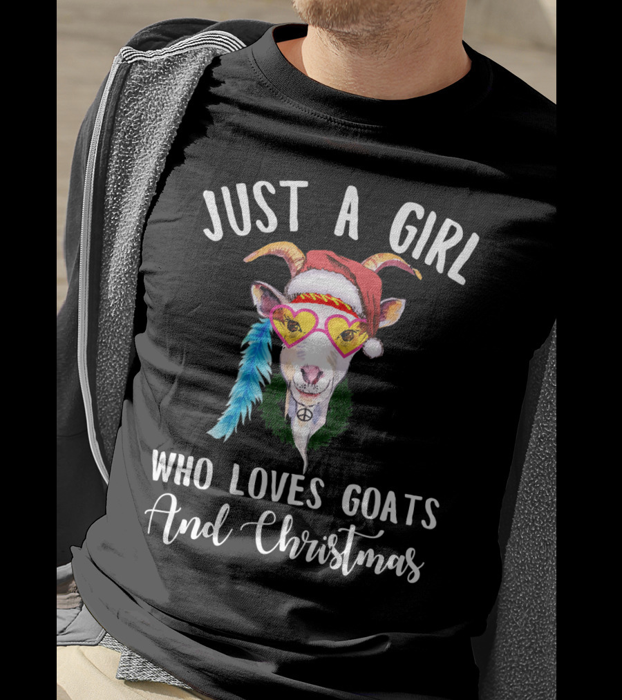 Just A Girl Who Loves Goats And Christmas With Santa Hat Peace Sign Glasses T-Shirt