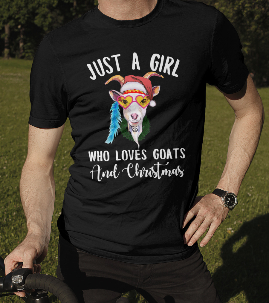 Just A Girl Who Loves Goats And Christmas With Santa Hat Peace Sign Glasses T-Shirt